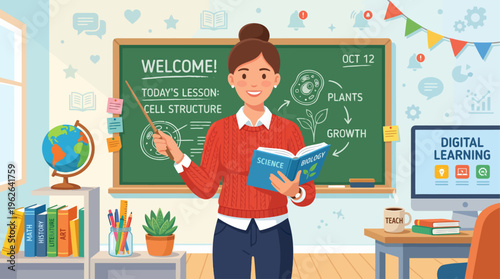 Modern Classroom Illustration with Female Teacher Teaching Students