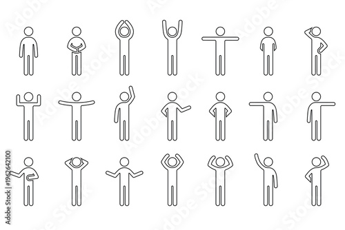Set of 20 white stick figure icons black thin line art on white background, each showing a unique human pose or gesture. Ideal for illustrating body language, communication, UX design, behavioral stud