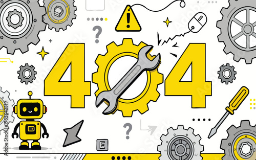 404 Error Page Not Found Vector Illustration with Robot and Technical Gear Icons