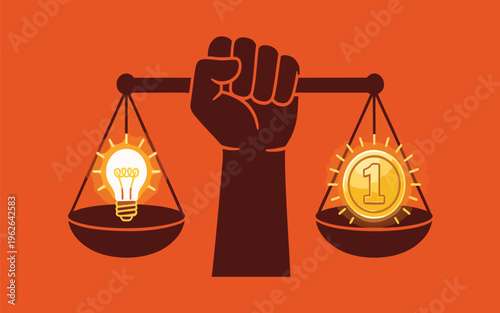Balancing Idea and Value Concept Icon with Lightbulb and Coin on Scales of Power
