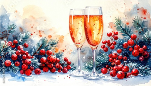 Watercolor Painting of Two Champagne Flutes with Winter Berries and Pine Branches