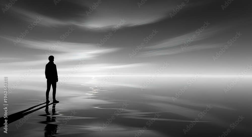 Obraz premium Silhouette of a man standing on a reflective surface, looking towards the horizon.