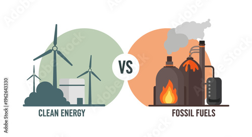 Clean Energy vs Fossil Fuels Comparison Illustration. EPS Editable. Vector Illustrations.