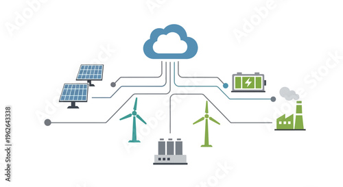 Cloud computing connecting various energy sources and power plants. EPS Editable. Vector Illustrations.