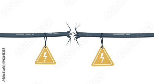 Damaged Electrical Cable with Warning Signs. EPS Editable. Vector Illustrations.