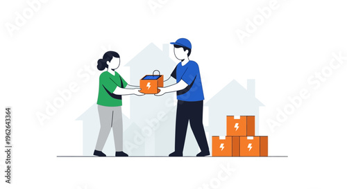 Delivery person hands package to customer illustration. EPS Editable. Vector Illustrations.