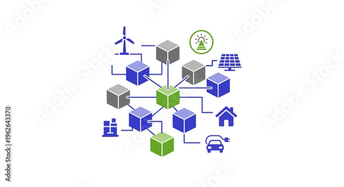 Decentralized Energy Network Blockchain Technology Concept. EPS Editable. Vector Illustrations.