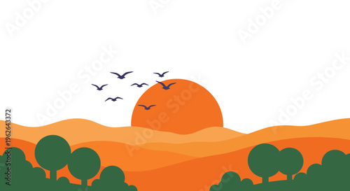 Tranquil sunrise landscape with layered hills, verdant trees, and soaring avian silhouettes