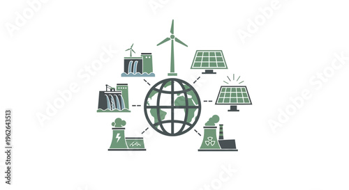 Global Energy Sources and Industry Connection Illustration. EPS Editable. Vector Illustrations.