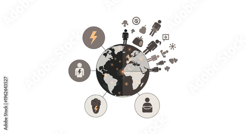 Global Network of People and Icons Representing Business Concepts. EPS Editable. Vector Illustrations.
