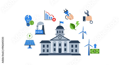 Government Building with Green Energy and Economic Icons. EPS Editable. Vector Illustrations.