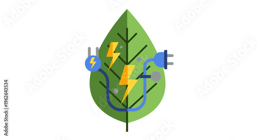 Green Leaf with Electrical Plugs and Lightning Bolts Symbolizing Green Energy. EPS Editable. Vector Illustrations.