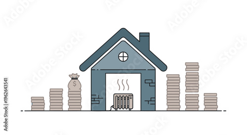 Home heating costs and financial implications represented by a house with a radiator and stacks of coins. EPS Editable. Vector Illustrations.