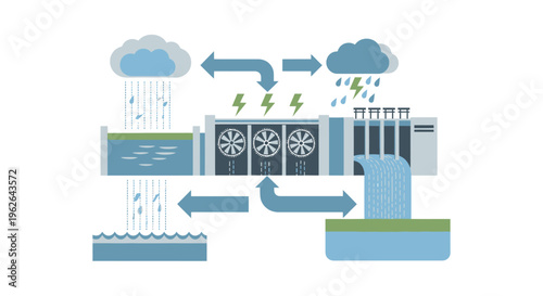 Hydropower plant with water cycle and electricity generation. EPS Editable. Vector Illustrations.