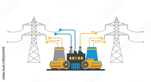 Industrial Power Plant with Cooling Towers and Transmission Lines. EPS Editable. Vector Illustrations.