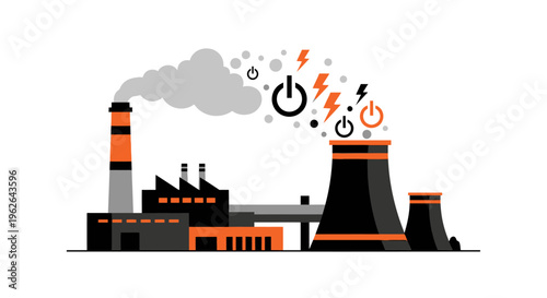 Industrial Power Plant Generating Electricity with Smoke and Symbols. EPS Editable. Vector Illustrations.