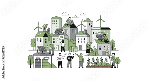 Sustainable EcoFriendly Cityscape with People and Green Energy. EPS Editable. Vector Illustrations.