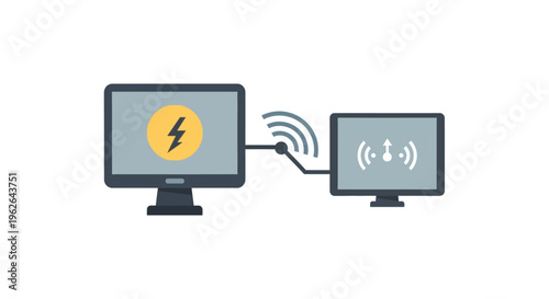 Two computers connected wirelessly showing data transfer and power. EPS Editable. Vector Illustrations.