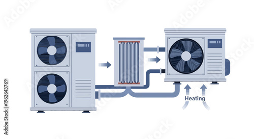 Air Source Heat Pump System for Efficient Home Heating and Cooling. EPS Editable. Vector Illustrations.