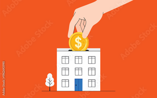 Hand Putting Gold Dollar Coin into Building House Money Box Real Estate Investing