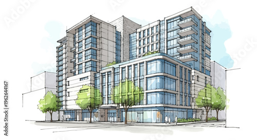 Hand-drawn architectural sketch illustrating a modern multi-story building with balconies and greenery, representing a contemporary urban development concept