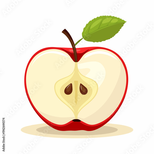 Single red apple cut in half showing seeds is isolated on a solid white background for nutrition.