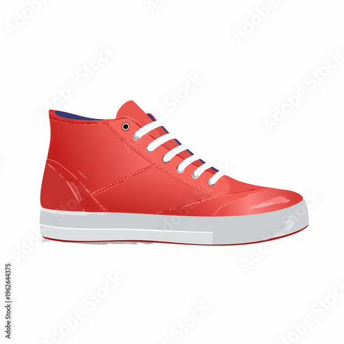 Single red leather sneaker with white laces stands on a plain white background for footwear fashion promotion.