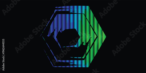 Abstract futuristic geometric design featuring a layered hexagonal shape with a hollow center