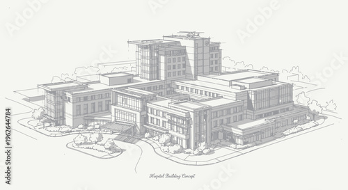 Detailed architectural sketch illustrating a modern hospital complex, showcasing innovative design and expansive infrastructure for advanced healthcare facilities and medical services
