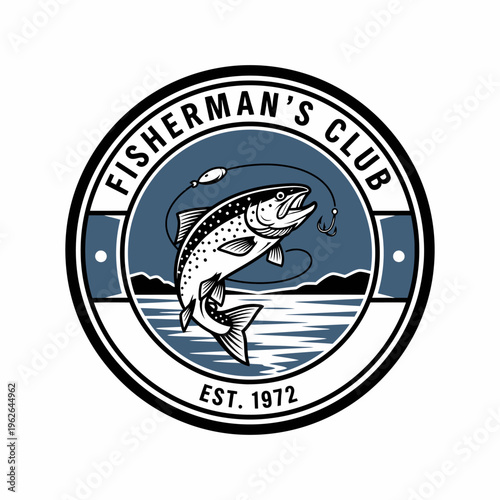 Fisherman's club badge, showing a fish jumping out of water with an old design
