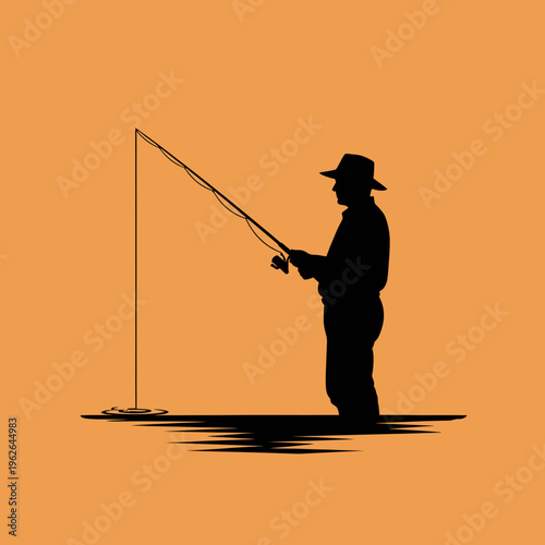 A silhouette of a person fishing with a fishing rod