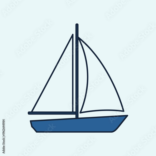 Simple sailboat with blue hull and white sails, set against a light blue backdrop