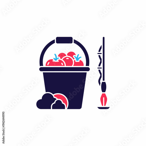 A bucket filled with fresh red tomatoes and a mop on the side, ideal for cleaning and harvesting