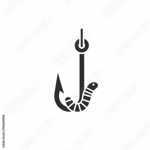 A detailed illustration of a fishing hook with a worm. The hook is suspended, ready to catch a fish