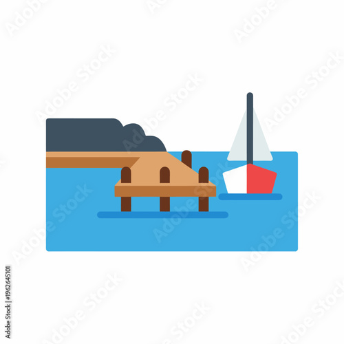 A sailboat gracefully navigating past a wooden dock