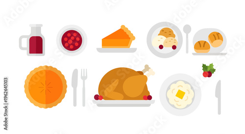 Vector illustration of traditional thanksgiving dishes for festive celebration table