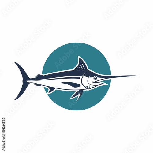 An elegant illustration of a Marlin against a blue circle background. Depicting the majestic sea creature in a striking design