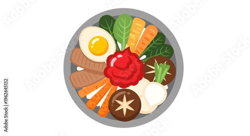 Vibrant and Colorful Bibimbap Illustration Showcasing Fresh Ingredients in a Korean Dish