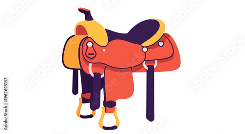 Vibrant and Stylized Western Saddle Illustration Isolated on White Background