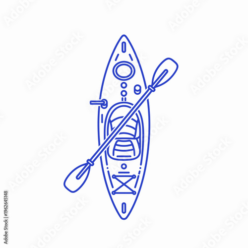 An overhead illustration of a kayak and paddle in blue outline