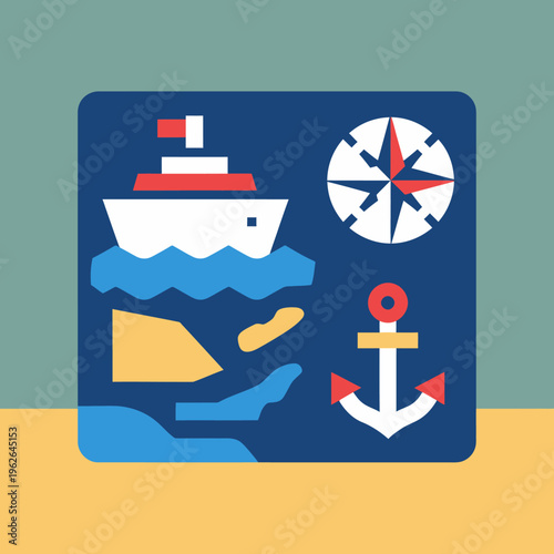 A nautical illustration featuring a ship, anchor, and compass