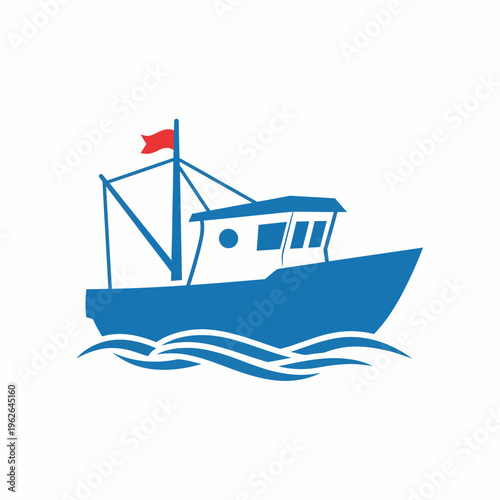 A fishing boat sailing on the sea with a red flag
