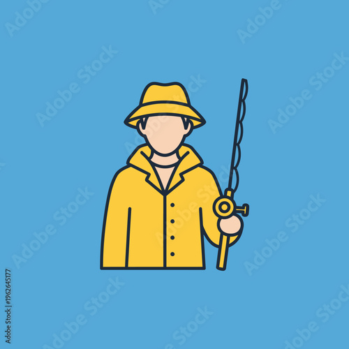 An illustration of a fisherman holding a fishing rod on blue background. The illustration features a person wearing a yellow hat and coat. 