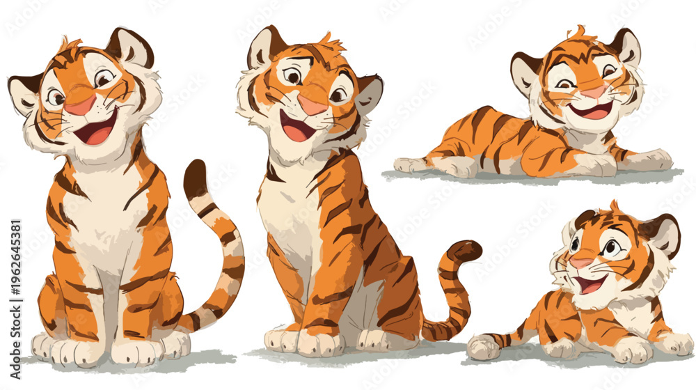 Obraz premium Cute Cartoon Tiger Cub Character Set with Playful Expressions.