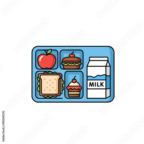 Vibrant flat design illustration of a balanced school lunch meal served on a tray, including a burger, sandwich, apple, cupcake, and milk carton