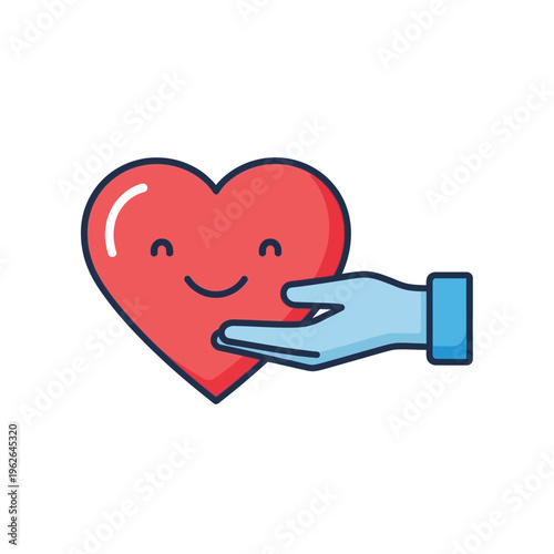 Vector illustration of a friendly hand presenting a smiling red heart, symbolizing love, care, kindness, giving, and charity. Flat design for empathy and support