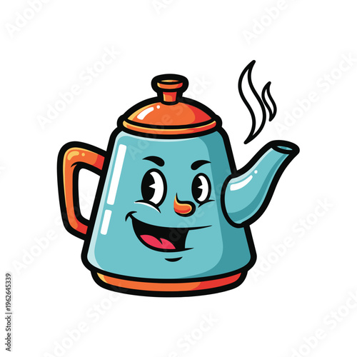 Cartoon teapot with smiling face expression.