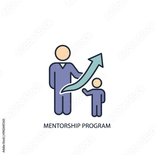 Mentorship program icon representing guidance and growth, with a senior figure helping a junior figure ascend an upward arrow symbolizing progress