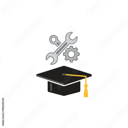 Graduation cap and tools icon symbolizing education in trades, vocational training, and career development, representing skilled labor and technical expertise