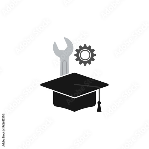 Graduation Cap with Wrench and Gear Icon Representing Education, Engineering, and Career Development